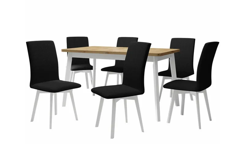 Patrickswell Rektangulær Uttrekkbar Spisegruppe 140–180 cm – Spisebord med Eikeutseende og 6 Trukne Spisestoler med Skrå Ben, Hvit|Svart|Natur
