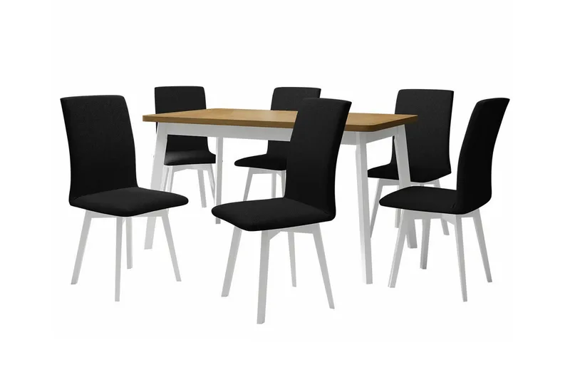 Patrickswell Rektangulær Uttrekkbar Spisegruppe 140–180 cm – Spisebord med Eikeutseende og 6 Trukne Spisestoler med Skrådde Ben, Hvit|Svart|Lysebrun