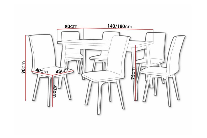 Patrickswell Rektangulær Uttrekkbar Spisegruppe 140–180 cm – Spisebord med Eikeutseende og 6 Polstrede Spisestoler med Vinklede Ben - Sort|Gråbrun|Natur - Møbler - Bord - Spisegruppe