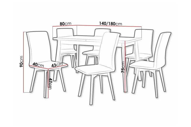 Patrickswell rektangulær uttrekkbar spisegruppe 140–180 cm – Spisebord med eikeutseende og 6 polstrede spisestoler med vinklede ben - Svart|Beige|Lysbrun - Møbler - Bord - Spisegruppe
