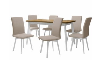 Patrickswell rektangulær uttrekkbar spisegruppe 140–180 cm – Spisebord med eikeutseende og 6 polstrede spisestoler med vinklede ben - Hvit|Beige|Lysbrun - Møbler - Bord - Spisegruppe