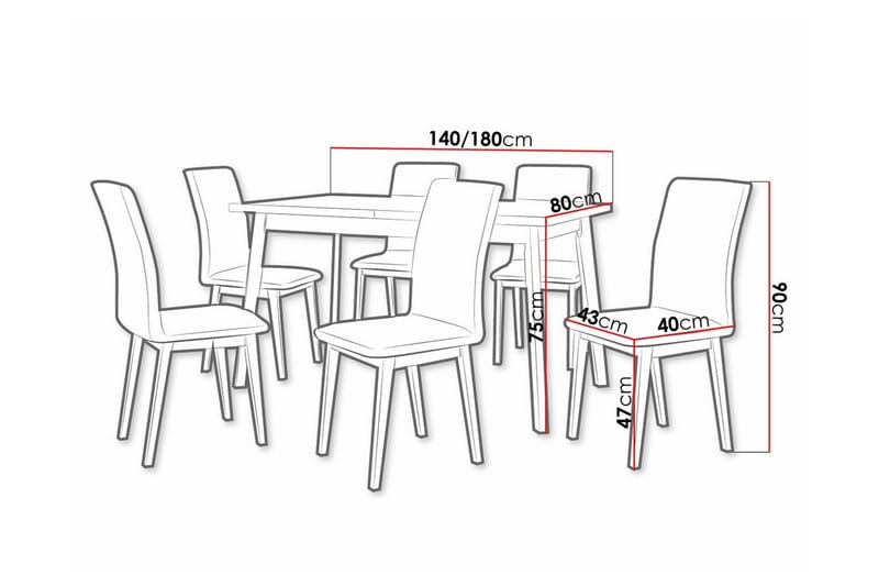 Patrickswell rektangulær uttrekkbar spisegruppe 140–180 cm – Spisebord med eikeutseende og 6 polstrede spisestoler med rette ben - Hvit|Beige|Brun - Møbler - Bord - Spisegruppe