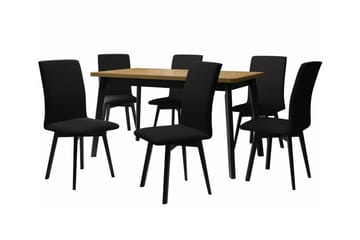 Patrickswell rektangulær uttrekkbar spisegruppe 140–180 cm – Spisebord med eikeutseende og 6 polstrede spisestoler med vinklede ben - Svart|Lysbrun - Møbler - Bord - Spisegruppe