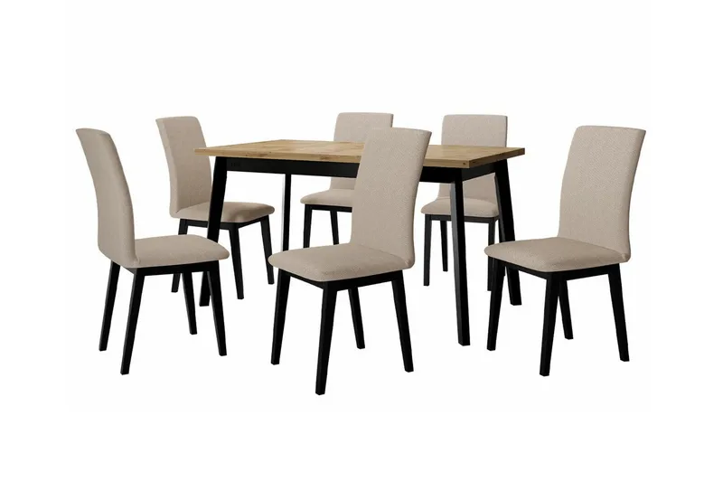 Patrickswell rektangulær uttrekkbar spisegruppe 140–180 cm – Spisebord med eikeutseende og 6 polstrede spisestoler med rette ben, Svart|Beige|Natur
