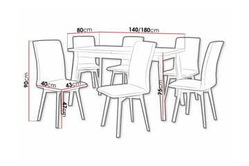 Patrickswell rektangulær uttrekkbar spisegruppe 140–180 cm – Spisebord med eikeutseende og 6 polstrede spisestoler med vinklede ben - Hvit|Gråbrun|Natur - Møbler - Bord - Spisegruppe