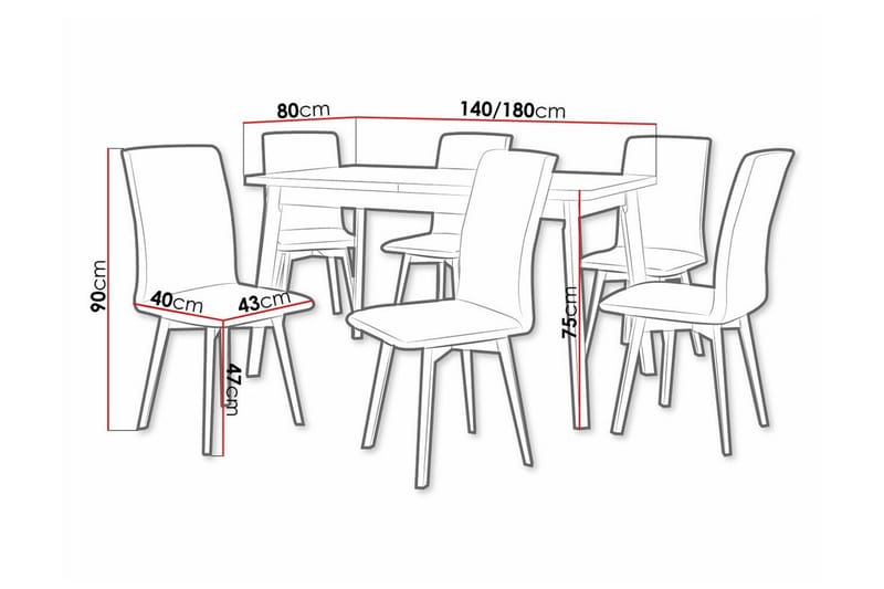 Patrickswell Rektangulær Uttrekkbar Spisegruppe 140–180 cm – Spisebord med Eikeutseende og 6 Polstrede Spisestoler med Vinklede Ben - Sort|Olivgrøn|Natur - Møbler - Bord - Spisegruppe