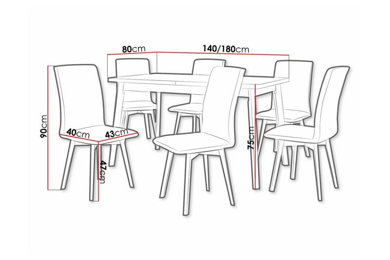 Patrickswell rektangulær uttrekkbar spisegruppe 140–180 cm – Spisebord med eikeutseende og 6 polstrede spisestoler med vinklede ben - Svart|Natur - Møbler - Bord - Spisegruppe