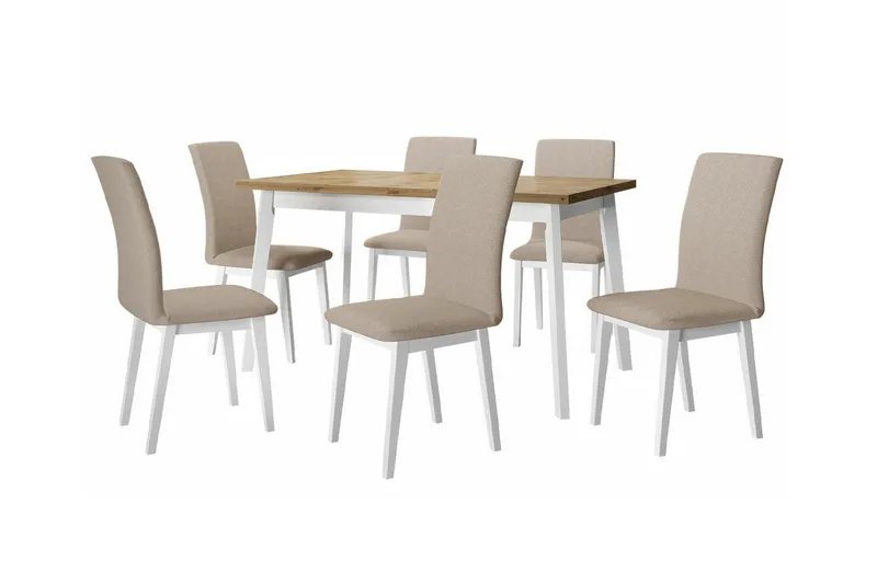 Patrickswell rektangulær uttrekkbar spisegruppe 140–180 cm – Spisebord med eikeutseende og 6 polstrede spisestoler med rette ben, Hvit|Beige|Natur