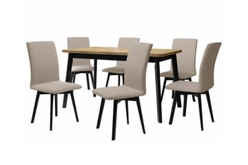Patrickswell rektangulær uttrekkbar spisegruppe 140–180 cm – Spisebord med eikeutseende og 6 polstrede spisestoler med vinklede ben - Svart|Beige|Natur - Møbler - Bord - Spisegruppe