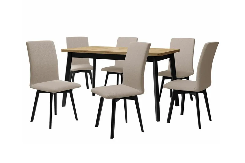 Patrickswell rektangulær uttrekkbar spisegruppe 140–180 cm – Spisebord med eikeutseende og 6 polstrede spisestoler med vinklede ben, Svart|Beige|Natur