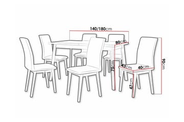 Patrickswell rektangulær uttrekkbar spisegruppe 140–180 cm – Spisebord med eikeutseende og 6 polstrede spisestoler med rette ben - Svart|Lysegrå|Brun - Møbler - Bord - Spisegruppe