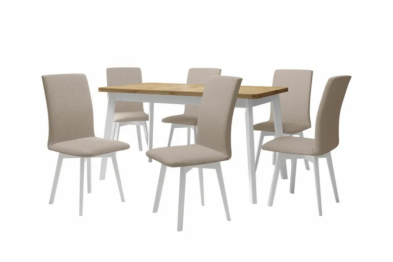 Patrickswell rektangulær uttrekkbar spisegruppe 140–180 cm – Spisebord med eikeutseende og 6 polstrede spisestoler med vinklede ben, Hvit|Beige|Natur