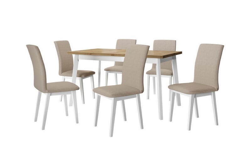 Patrickswell Rektangulær Uttrekkbar Spisegruppe 140–180 cm – Spisebord med Eikutseende og 6 Trukne Spisestoler med Rette Ben, Hvit|Beige|Natur
