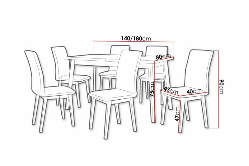 Patrickswell Rektangulær Uttrekkbar Spisegruppe 140–180 cm – Spisebord med Eikutseende og 6 Trukne Spisestoler med Rette Ben - Hvit|Lysegrå|Brun - Møbler - Bord - Spisegruppe