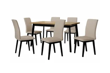 Patrickswell Rektangulær Uttrekkbar Spisegruppe 140–180 cm – Spisebord med Eikutseende og 6 Trukne Spisestoler med Rette Ben - Svart|Beige|Natur - Møbler - Bord - Spisegruppe