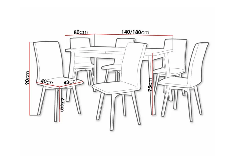 Patrickswell rektangulær uttrekkbar spisegruppe 140–180 cm – Spisebord med hvit bordplate og 6 polstrede spisestoler med vinklede ben - Svart|Beige - Møbler - Bord - Spisegruppe