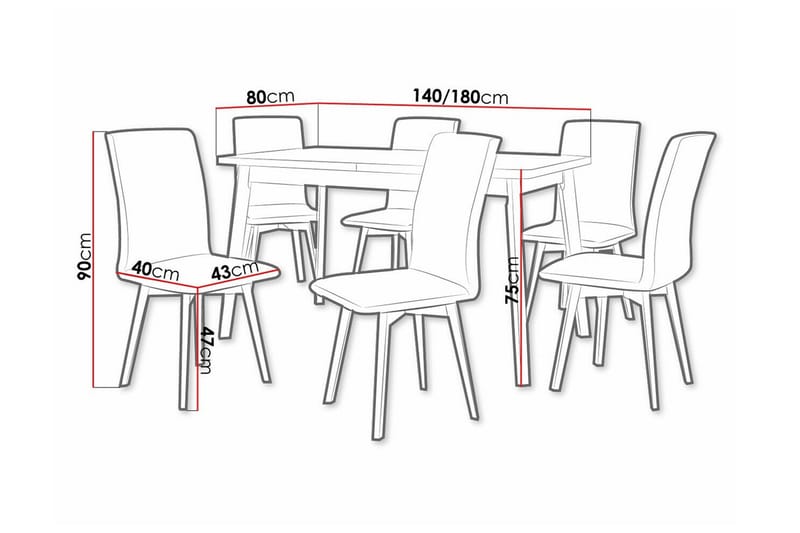Patrickswell Rektangulær Uttrekkbar Spisegruppe 140–180 cm – Spisebord med Hvit Plate og 6 Polstrede Spisestoler med Vinklede Ben - Sort|Brun|Hvid - Møbler - Bord - Spisegruppe