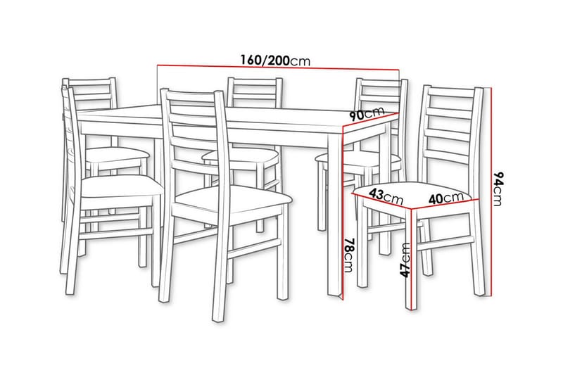 Patrickswell rektangulær uttrekkbar spisegruppe 160–200 cm – Spisebord med 6 spisestoler med stigerygg i tre - Hvit|Beige - Møbler - Bord - Spisegruppe