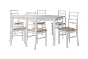 Patrickswell rektangulær uttrekkbar spisegruppe 160–200 cm – Spisebord med 6 spisestoler med stigerygg i tre - Hvit|Beige - Møbler - Bord - Spisegruppe