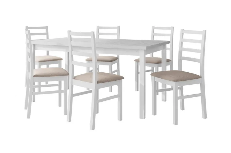 Patrickswell rektangulær uttrekkbar spisegruppe 160–200 cm – Spisebord med 6 spisestoler med stigerygg i tre, Hvit|Beige