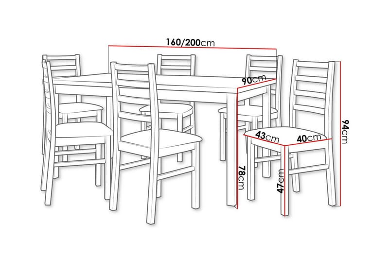 Patrickswell rektangulær uttrekkbar spisegruppe 160–200 cm – Spisebord med 6 spisestoler med stigerygg i tre - Hvit|Mørkegrå - Møbler - Bord - Spisegruppe