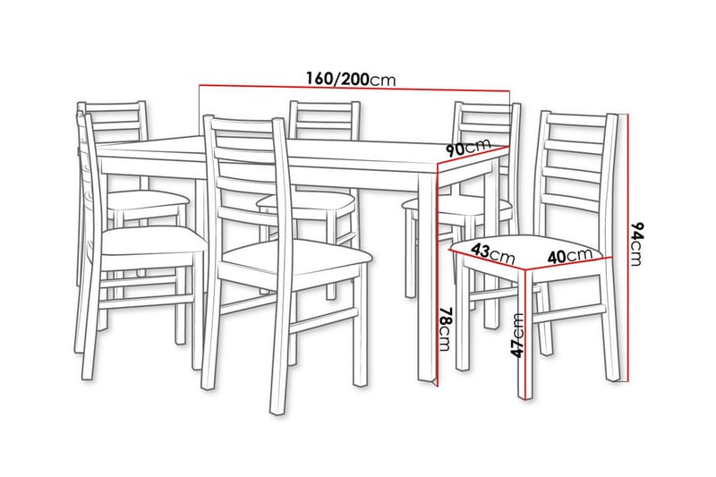 Patrickswell rektangulær uttrekkbar spisegruppe 160–200 cm – Spisebord med 6 spisestoler med stigerygg i tre - Hvit|Svart - Møbler - Bord - Spisegruppe