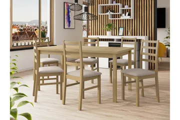 Patrickswell rektangulær uttrekkbar spisegruppe 160–200 cm – Spisebord med 6 spisestoler med stigerygg i tre - Natur|Beige - Møbler - Bord - Spisegruppe