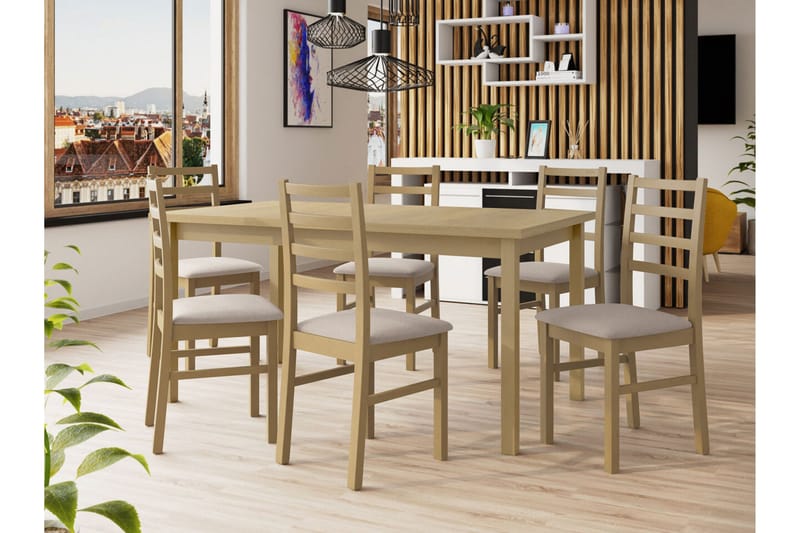 Patrickswell rektangulær uttrekkbar spisegruppe 160–200 cm – Spisebord med 6 spisestoler med stigerygg i tre - Natur|Beige - Møbler - Bord - Spisegruppe