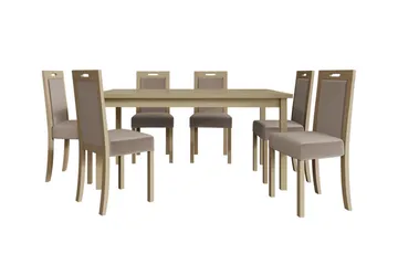 Patrickswell rektangulær uttrekkbar spisegruppe 160–200 cm – Spisebord med 6 spisestoler med polstret trerygg - Natur|Beige - Møbler - Bord - Spisegruppe