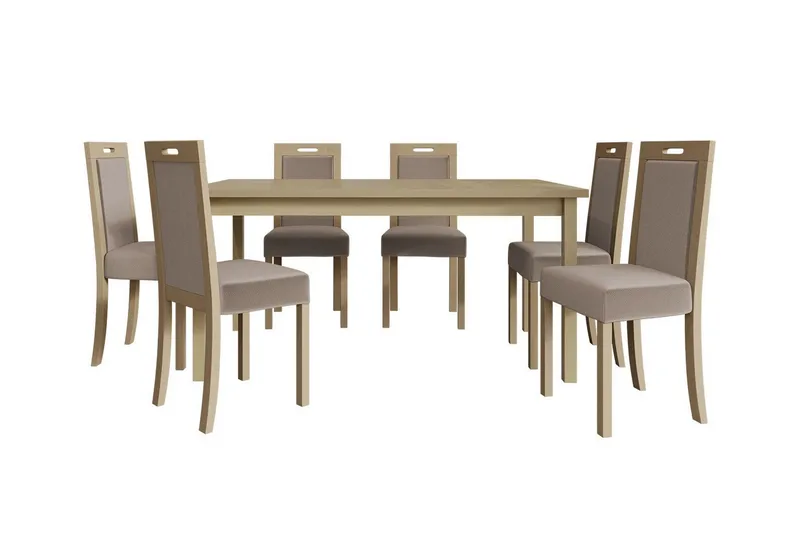 Patrickswell rektangulær uttrekkbar spisegruppe 160–200 cm – Spisebord med 6 spisestoler med polstret rygg i tre, Natur|Beige