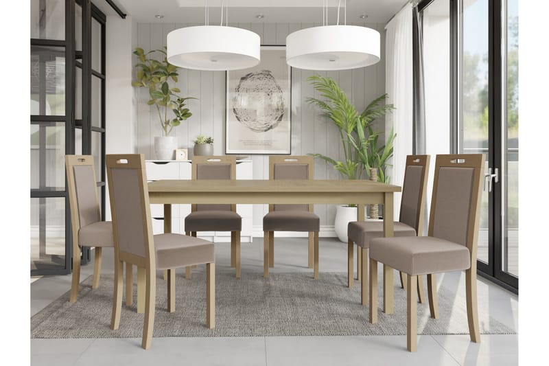 Patrickswell rektangulær uttrekkbar spisegruppe 160–200 cm – Spisebord med 6 spisestoler med polstret trerygg - Natur|Beige - Møbler - Bord - Spisegruppe