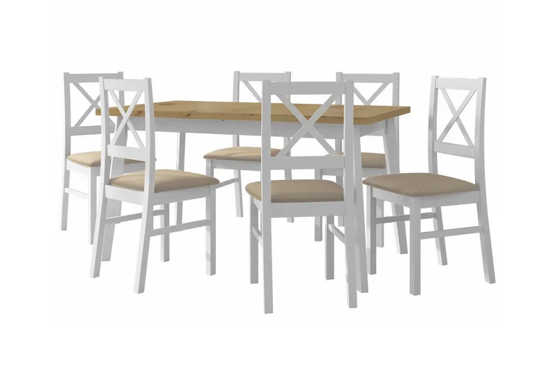 Patrickswell Rektangulært Uttrekkbart Spisegruppe 140–180 cm – Spisebord med Eikeutseende og 6 Spisestoler med Kryssrygg i Tre, Hvit|Beige|Natur