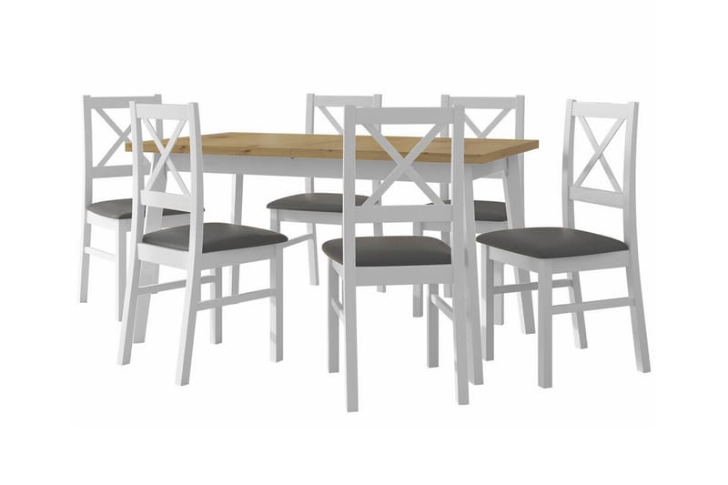 Patrickswell Rektangulært Uttrekkbart Spisegruppe 140–180 cm – Spisebord med Eikeutseende og 6 Spisestoler med Kryssrygg i Tre, Hvit|Mørkegrå|Natur