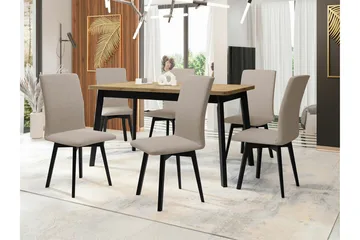 Patrickswell Rektangulært Uttrekkbart Spisegruppe 140–180 cm – Spisebord med Eikeutseende og 6 Trukne Spisestoler med Skrå Ben - Svart|Beige|Natur - Møbler - Bord - Spisegruppe