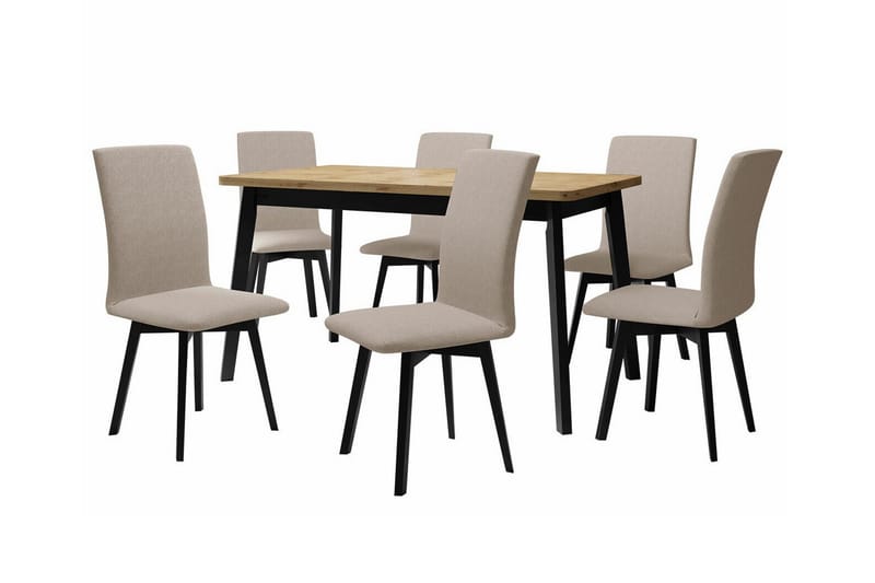 Patrickswell Rektangulært Uttrekkbart Spisegruppe 140–180 cm – Spisebord med Eikeutseende og 6 Trukne Spisestoler med Skrå Ben, Svart|Beige|Natur