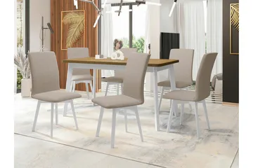 Patrickswell Rektangulært Uttrekkbart Spisegruppe 140–180 cm – Spisebord med Eikeutseende og 6 Trukne Spisestoler med Skråstilte Ben - Hvit|Beige|Lysebrun - Møbler - Bord - Spisegruppe