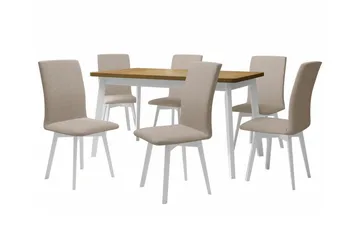 Patrickswell Rektangulært Uttrekkbart Spisegruppe 140–180 cm – Spisebord med Eikeutseende og 6 Trukne Spisestoler med Skråstilte Ben - Hvit|Beige|Lysebrun - Møbler - Bord - Spisegruppe