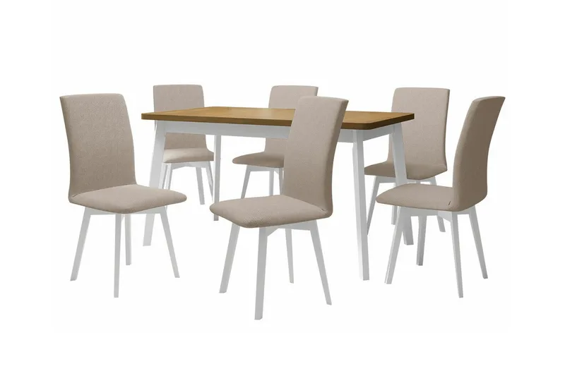 Patrickswell Rektangulært Uttrekkbart Spisegruppe 140–180 cm – Spisebord med Eikeutseende og 6 Trukne Spisestoler med Skråstilte Ben, Hvit|Beige|Lysebrun