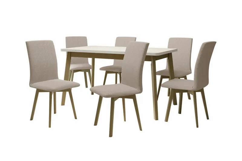 Patrickswell Rektangulært Uttrekkbart Spisegruppe 140–180 cm – Spisebord med Hvit Plate og 6 Trukne Spisestoler med Skrå Ben, Natur|Beige