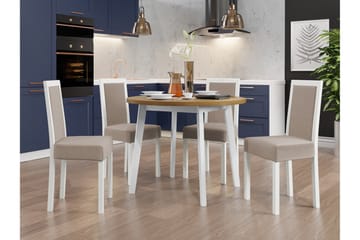 Patrickswell rund spisegruppe 100 cm – Spisebord med eikeutseende og 4 spisestoler i tre med polstret rygg - Hvit|Beige - Møbler - Bord - Spisegruppe