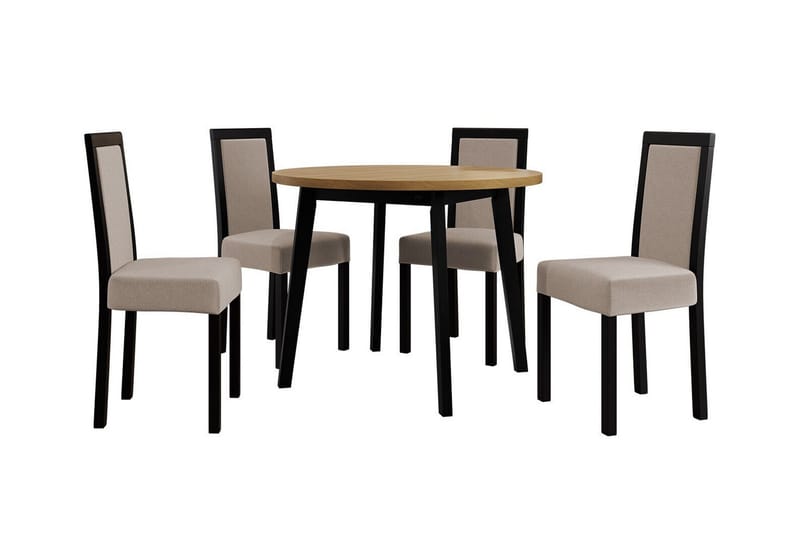 Patrickswell rund spisegruppe 100 cm – Spisebord med eikeutseende og 4 spisestoler i tre med polstret rygg, Svart|Beige