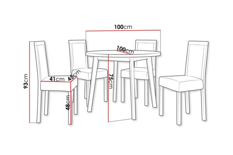 Patrickswell rund spisegruppe 100 cm – Spisebord med eikeutseende og 4 spisestoler i tre med polstret rygg - Hvit|Svart - Møbler - Bord - Spisegruppe