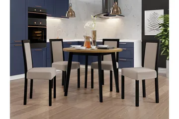 Patrickswell rund spisegruppe 100 cm – Spisebord med eikeutseende og 4 spisestoler i tre med polstret rygg - Svart|Beige - Møbler - Bord - Spisegruppe