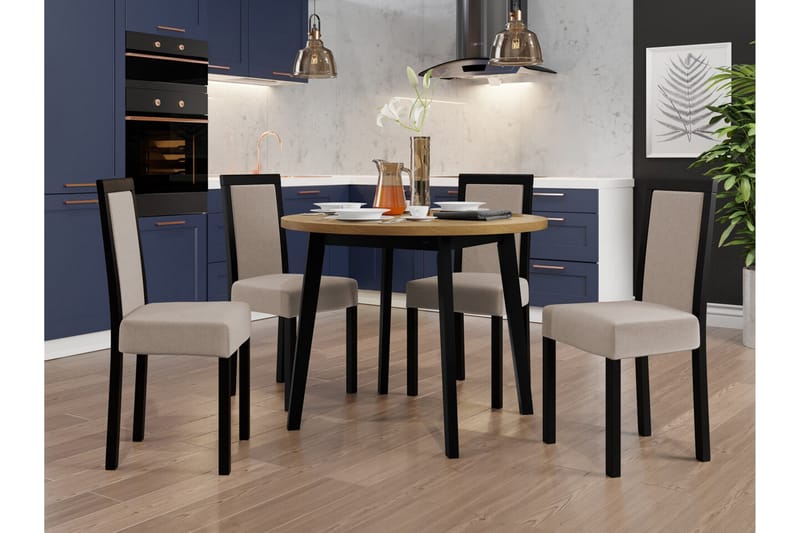 Patrickswell rund spisegruppe 100 cm – Spisebord med eikeutseende og 4 spisestoler i tre med polstret rygg - Svart|Beige - Møbler - Bord - Spisegruppe