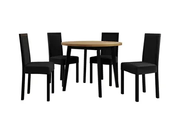 Patrickswell rund spisegruppe 100 cm – Spisebord med eikeutseende og 4 spisestoler i tre med polstret rygg - Svart - Møbler - Bord - Spisegruppe