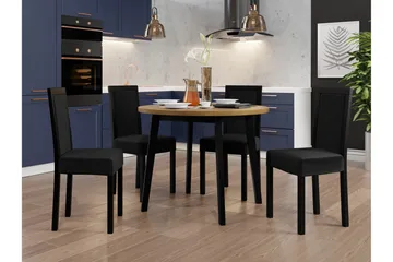 Patrickswell rund spisegruppe 100 cm – Spisebord med eikeutseende og 4 spisestoler i tre med polstret rygg - Svart - Møbler - Bord - Spisegruppe