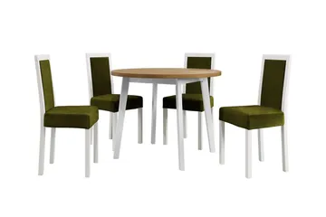 Patrickswell Rund Spisegruppe 100 cm – Spisebord med Eikeutseende og 4 Spisestoler med Trukket Rygg i Tre - Hvit|Olivengrønn - Møbler - Bord - Spisegruppe