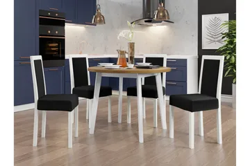Patrickswell Rund Spisegruppe 100 cm – Spisebord med Eikeutseende og 4 Spisestoler med Trukket Rygg i Tre - Hvit|Svart - Møbler - Bord - Spisegruppe