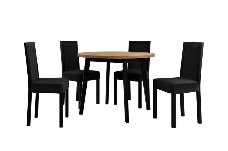 Patrickswell Rund Spisegruppe 100 cm – Spisebord med Eikeutseende og 4 Spisestoler med Trukket Rygg i Tre, Svart