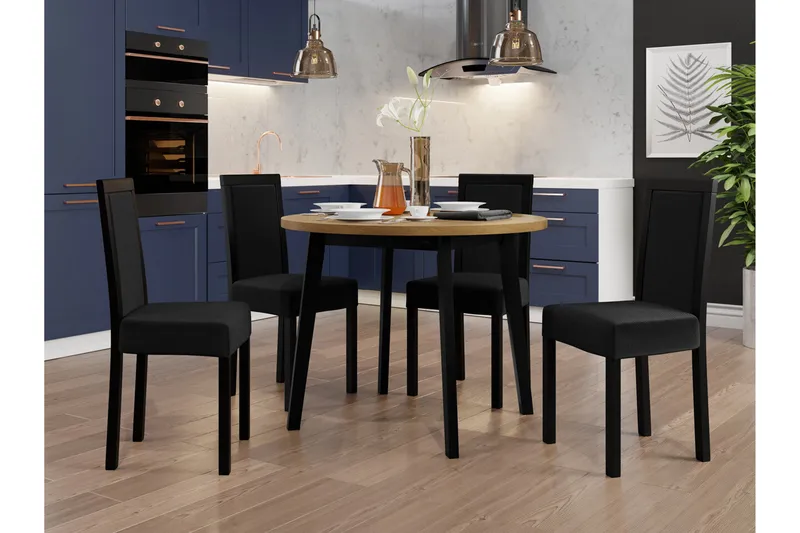 Patrickswell Rund Spisegruppe 100 cm – Spisebord med Eikeutseende og 4 Spisestoler med Trukket Rygg i Tre - Svart - Møbler - Bord - Spisegruppe